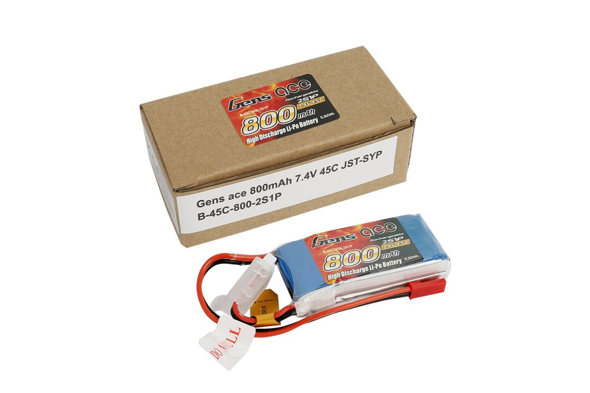 Gens Ace- 800mAh 45C 2S1P 7.4V Lipo with JST-SYP
